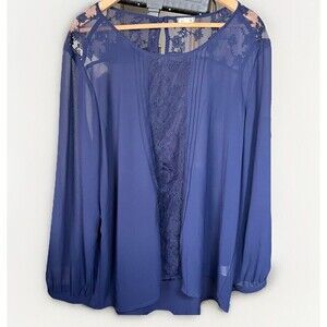 Eyeshadow Women Blue SHEER Top 2X Lace Trim Tie Waist Long Sleeve Pullover